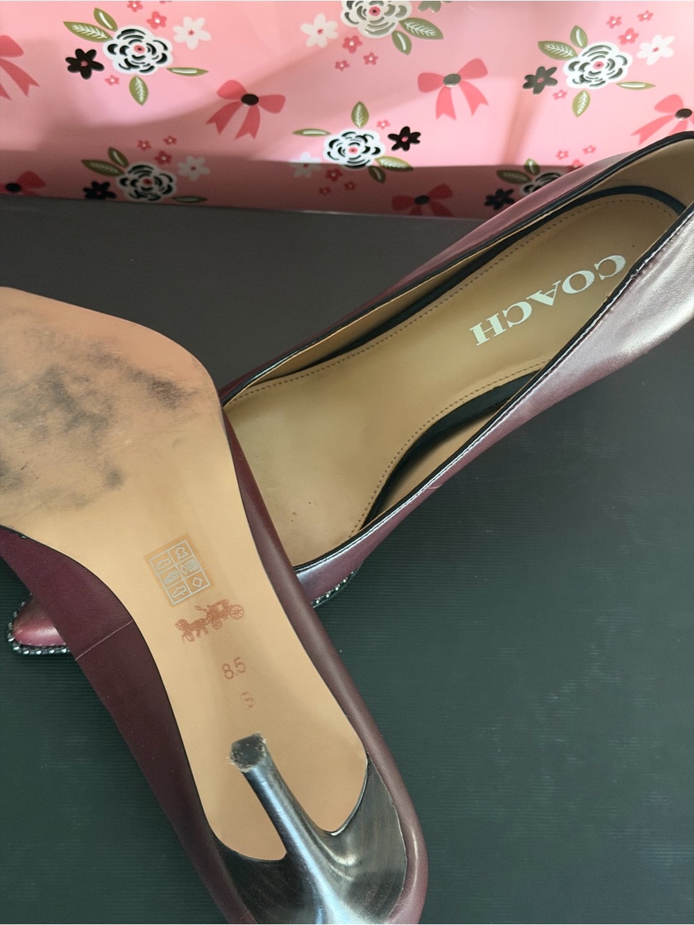 COACH Women's Burgundy Leather Pointed-Toe Pumps - Picture 3 of 5